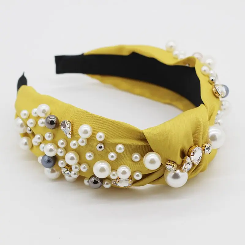 

Korean Personality Women Headband Imitation Pearl Beaded Twist Knot Hair Hoop Rhinestone Jewelry Banquet Party Bandana