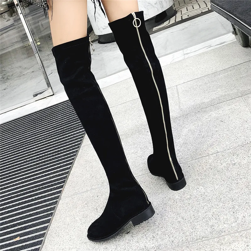 

Celebrity Same Style Flat Over-The-Knee Women Stretch Boots Suede Back Metal Zip Fashion Long Boots Laides Shoes Big size 33-43