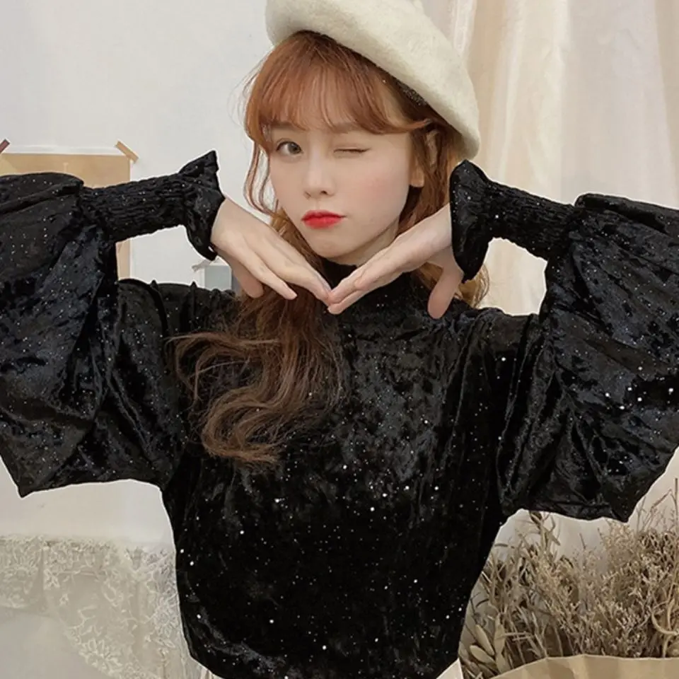 

Women's Blouse Sweet Preppy Style Sequined Fleece Pullovers 2021 Autumn Winter Warm Fashion Loose Lantern Sleeve Flannel Shirts