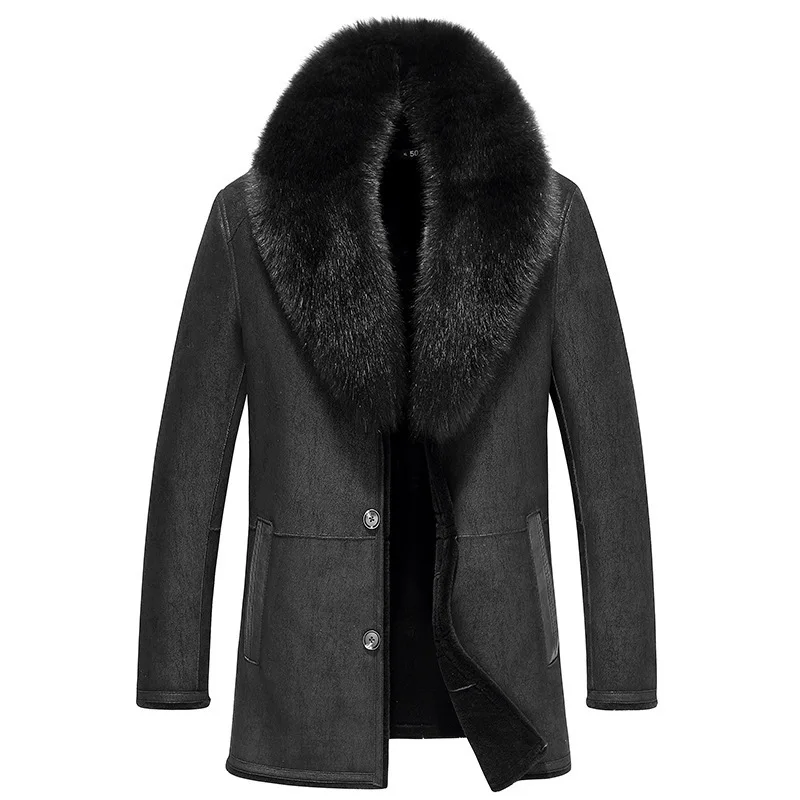 

Jacket Men Sheep Leather Shearling Fur Coats Real Fox Fur Collar Wool Fur Coat Winter Jacket Jaqueta De Couro 37-1879 YY507