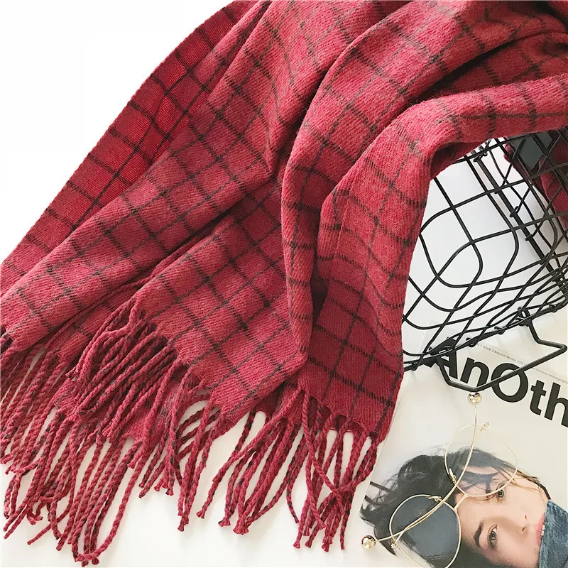 Winter Cashmere Scarves With Tassel Thick Warm Poncho Wool Plaid Print Neck Scarf For Women Fashion Shawls and Wraps Ladies