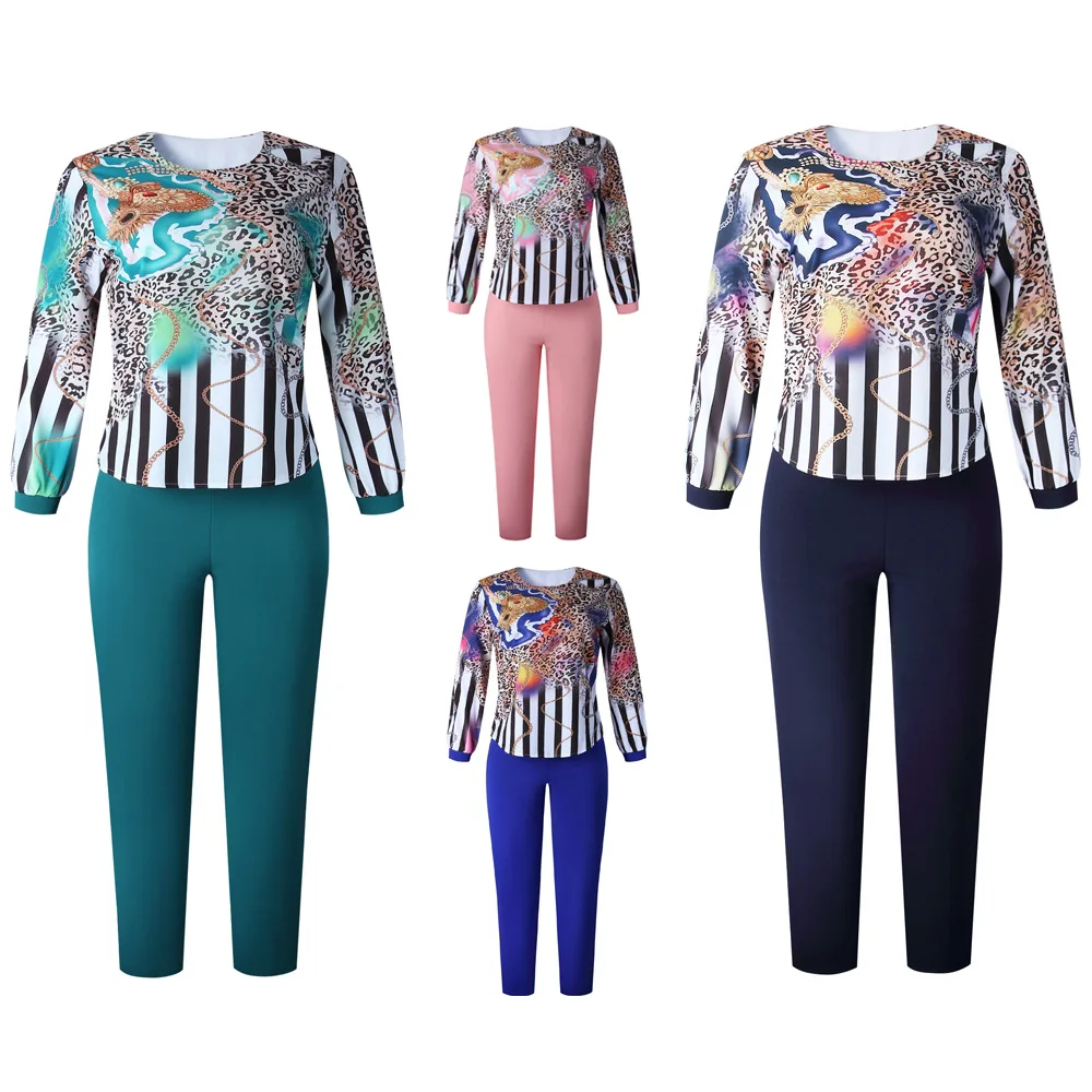 

Indie Folk African Two Piece Set Women Clothing Fashion Leopard Stripe Print Sets Elegant Casual Suit Large Size Clothes Office