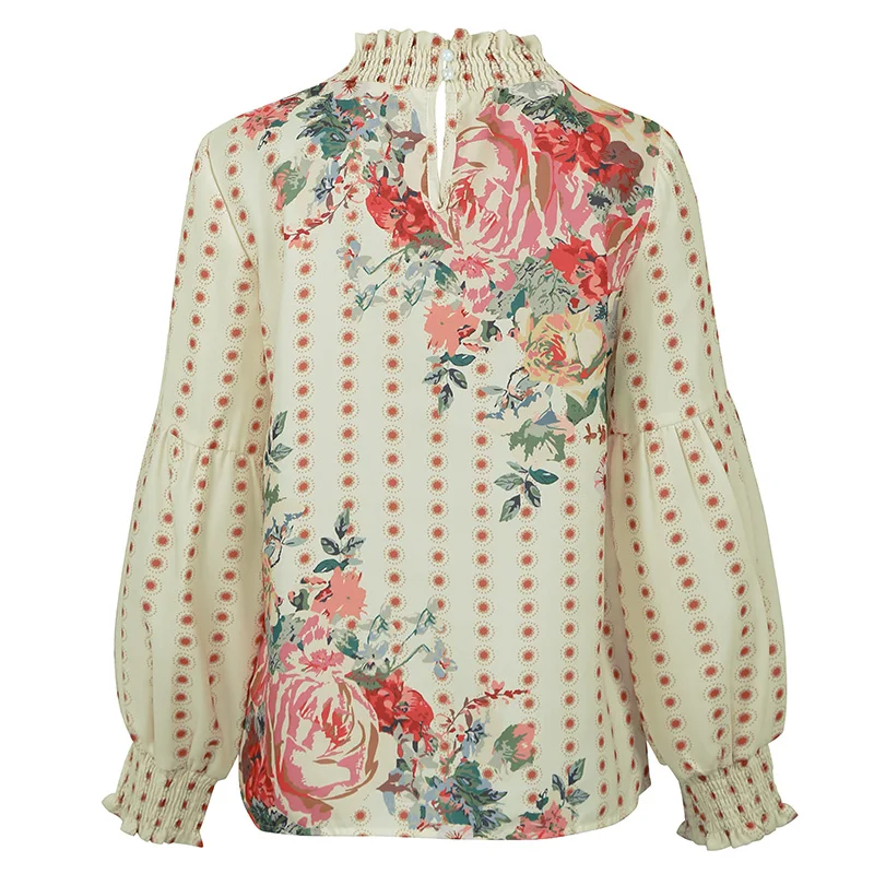 

Fashion Blouse Women Autumn Floral Print Chiffon Blouse Turtleneck Lantern Sleeve Keyhole Button Elegant Womens Tops And Blouses