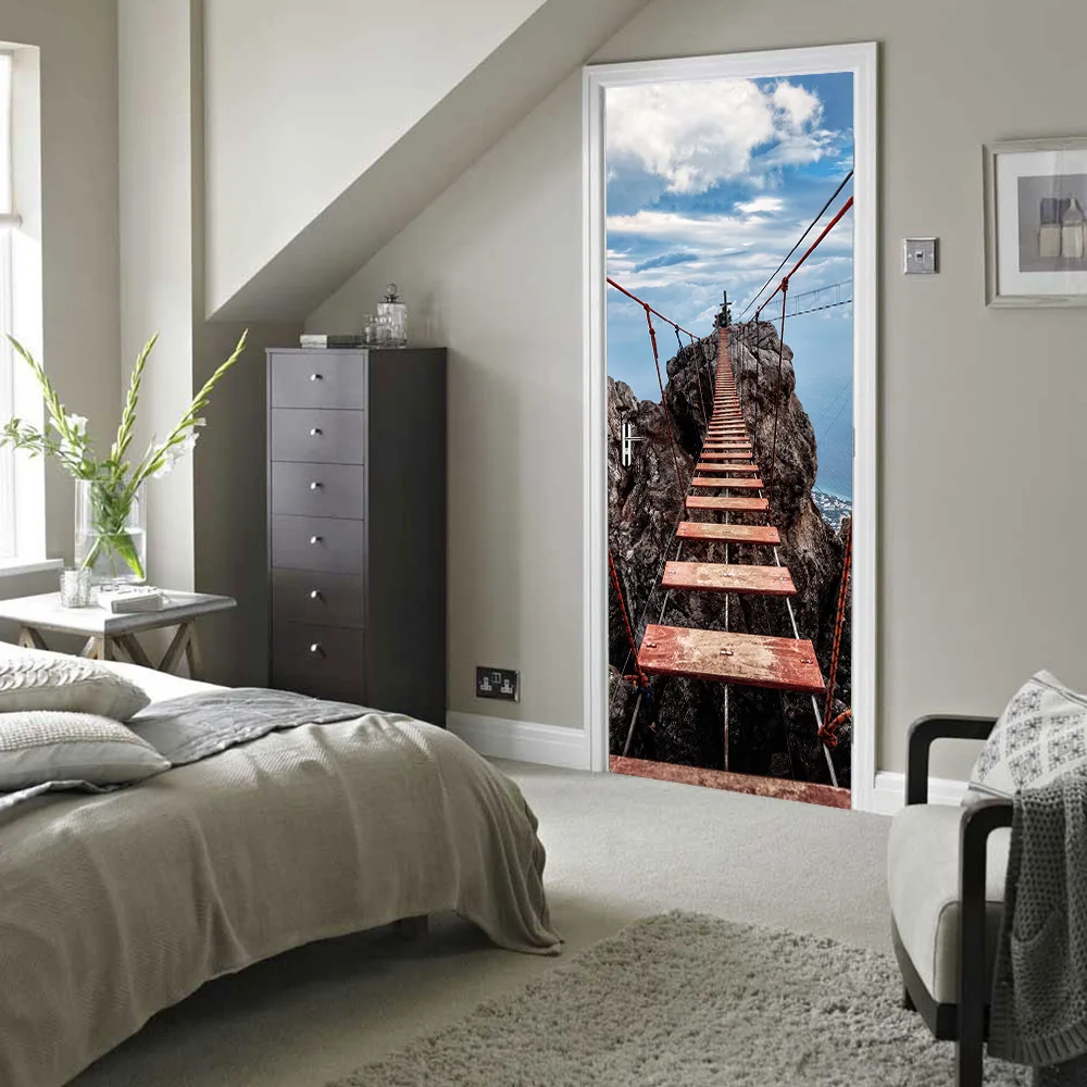 

3D Door Sticker Diy Waterproof Cliff Suspension Bridge Pvc Mural Decor Film Home Door Decoration Self-Adhesive Poster