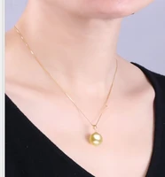 free shipping gorgeous AAA 13-14mm south sea round natural gold pearl pendant 18k chain