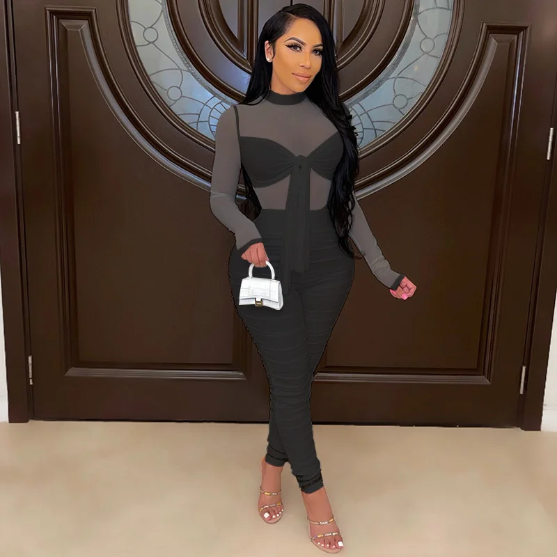 

Adogirl S-4XL Women Solid Lace Up Sheer Mesh Skinny Jumpsuit Fashion Sexy Long Sleeve Romper Pleated Pencil Pants Casual Overall