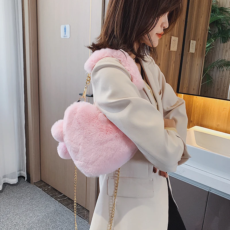 Сумка из искусственного меха Милая Дамская розовая сумка через плечо с сердечком