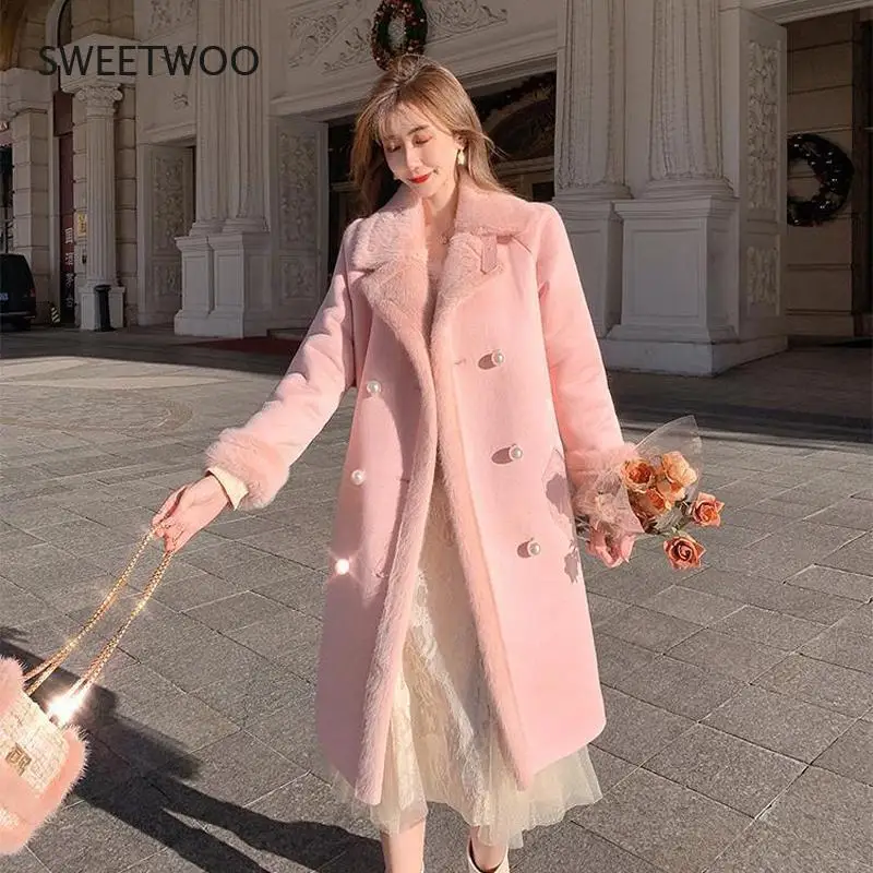 2021 Women Winter Thick Warm Elegant Pink Faux Fur Coats Female Turn Down Collar Fariy Wool Coats Lady Botton Outerwear