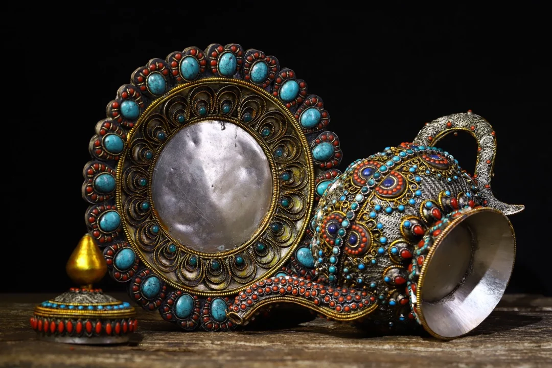 

Home Decor 11"Tibet temple Old Tibetan silver Gilt Filigree mosaic Gem flagon kettle Handle pot tray set