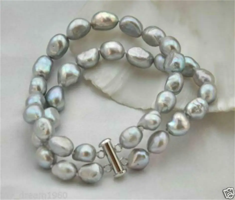 

Beautiful 2 Strands 8-9mm Baroque Gray Freshwater Pearl Bracelet 7.5"