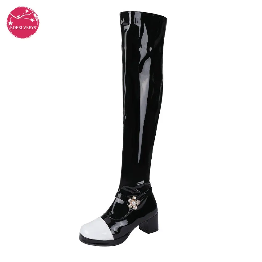 

Sweet Patent Leather Lolita Over The Knee Long Boots Autumn Winter Thick High Heel Platform Plus Size 48 Women Shoes Black White