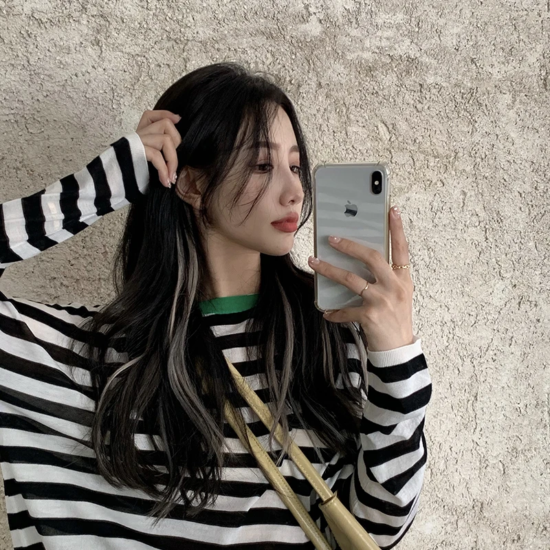 

Fashion Patchwork Striped T-Shirts Female Autumn New Women's Clothing Korean Casual Loose Tees O-neck Long Sleeve Ladies Tops