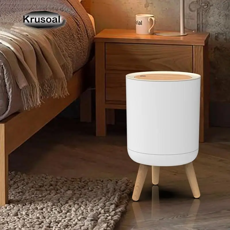 

High Foot Imitation Wood Trash Can Large Diameter Desktop Press Type Mini Dustbin Bedroom Bathroom Kitchen Trash Can Accessories
