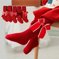 chinese red bowknot pantyhose spring and autumn pure cotton vertical stripes cute princess baby celebrity prosperous leggings