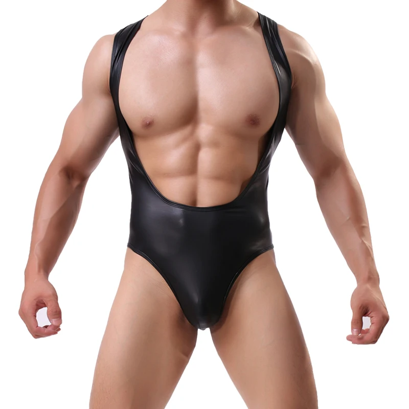 Sexy Men's Faux Leather Bodysuit Boxers Jumpsuits Wrestling Singlets Lingerie Stretch Tight Gay Jockstrap | Мужская одежда