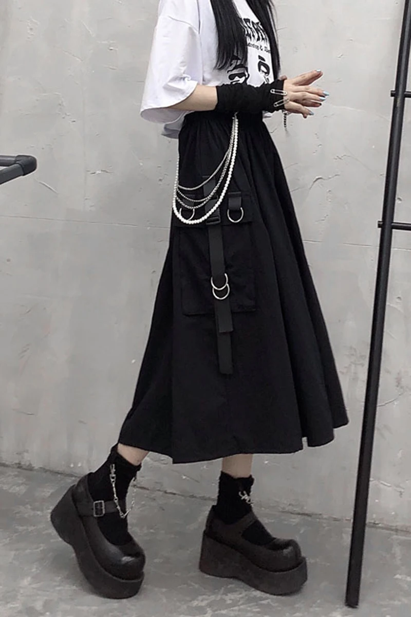 

Gothic Punk Women Skirt 2021 Spring Harajuku Style A-line Medium Length High Waist Black Design Skirt Women Streetwear Skirt