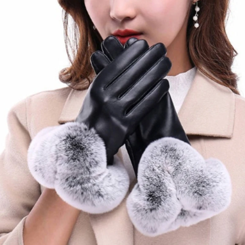 

New PU Leather Winter Women Gloves Plush Warm Touch Screen Unisex Driving Gloves Full Finger Motocycle Men Mitten