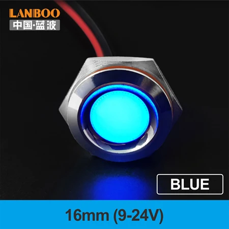 16mm-Blue(9-24V) LANBOO 16 мм, 19 мм, 22 мм, красный, зеленый, желтый, синий, 12 В, 24 В, 110 В, 250 В, светодиодный металлический индикатор, лампа, индикатор, светильник, одна лампа, водонепроницаемая - Цвет: 16mm-Blue(9-24V)
