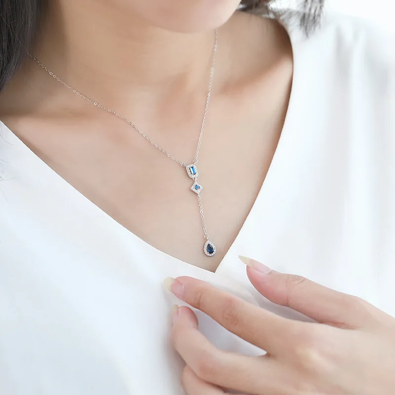 925 Sterling Silver Elegant Long Y style Blue Teardrop Gemstone Tassel Necklace For Party Women | Украшения и аксессуары