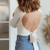 women turtleneck backless long sleeve knitted sweater spring summer sexy thin lace up solid slim cropped pullover short sweaters