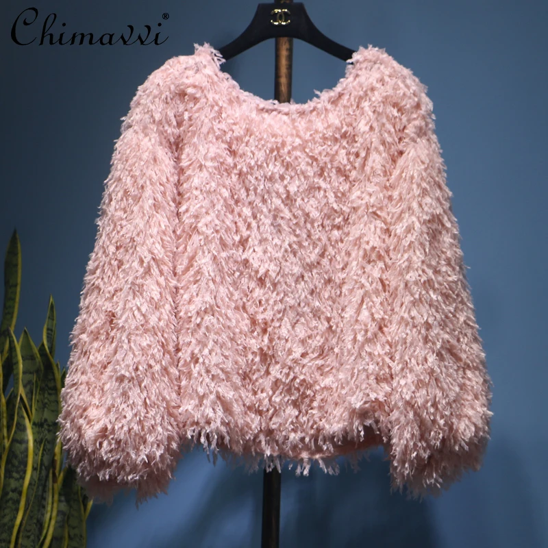 

Короткий свитер с пушистой бахромой в Корейском стиле, женский свободный Однотонный пуловер с длинным рукавом, Женский Укороченный джемпер...