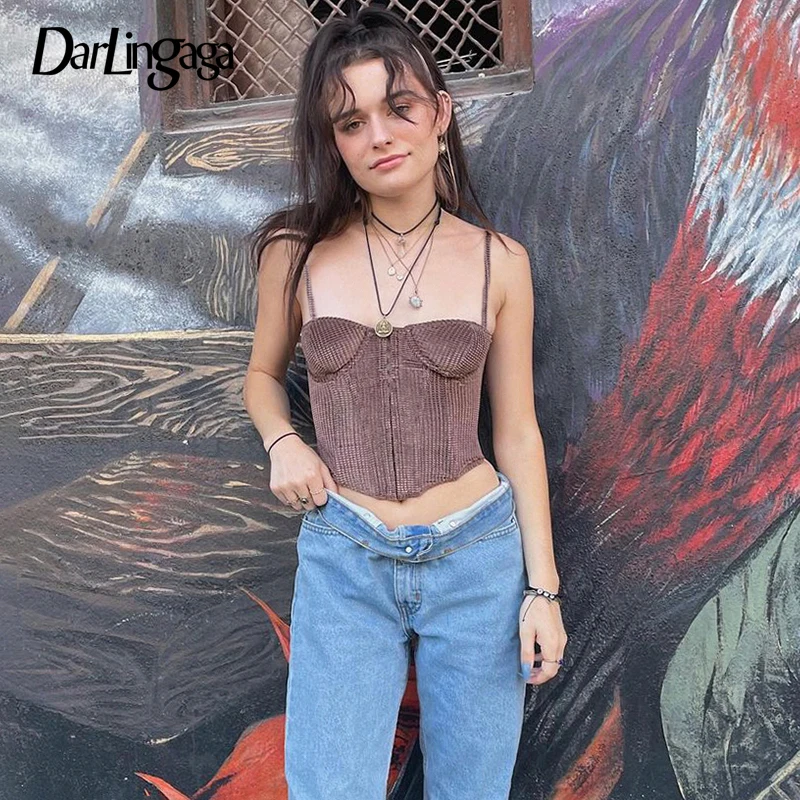 

Darlingaga Vintage Fashion Strap Corduroy Corset Top Female Hook Camisole Off Shoulder Chic Summer Cropped Tops Sexy Slim Cloth