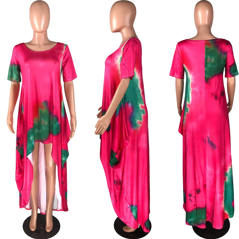 

Rainbow Tie Dye Print Holiday Party Dress Women Fashion Ruched Short Sleeve Loose Dress Vintage Front Short Back Long Robe Femme