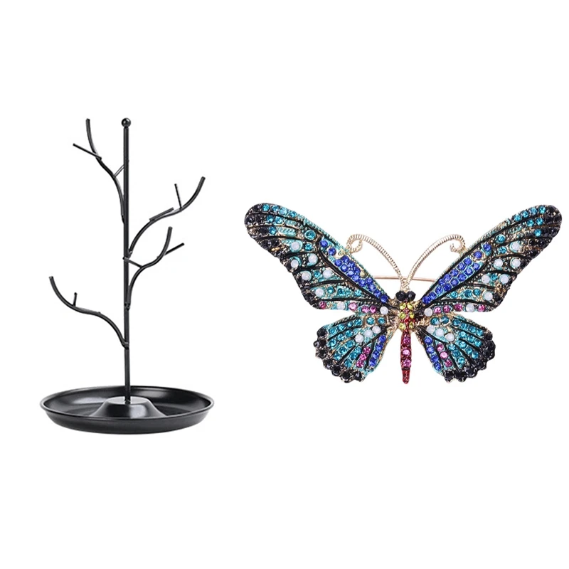 

1 Pcs Green Butterfly Brooch Mix Color Rhinestone Brooches & 1 Pcs Jewelry Display Stand Rack Tree Stand Black
