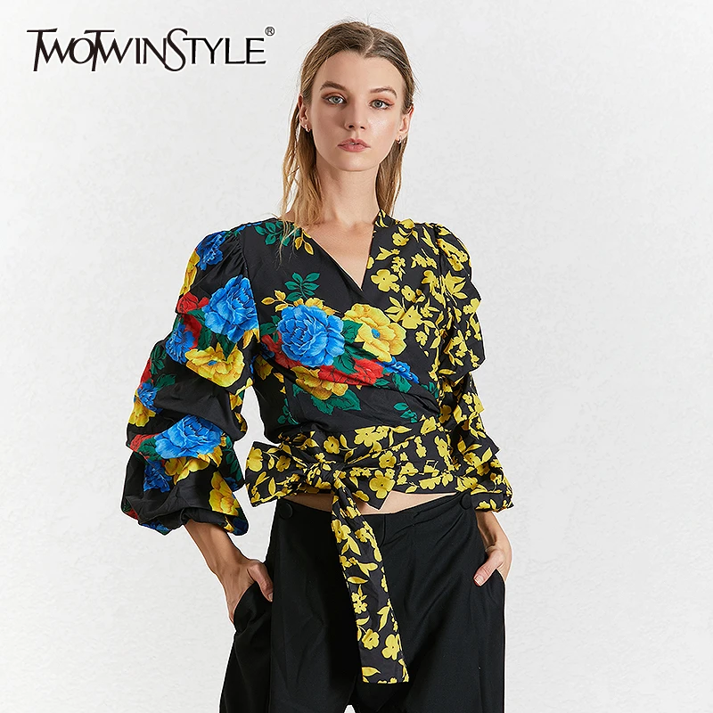 TWOTWINSTYLE хит цветная Лоскутная женская рубашка v-образный вырез рукав-фонарик бант