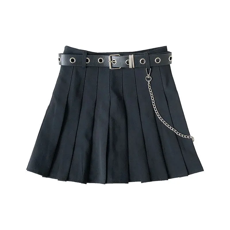 

HOUZHOU Chain Black Pleated Skirts Female Spring and Autumn 2020 New High Waist Casual Streetwear A-line Short Skirt Punk Girl