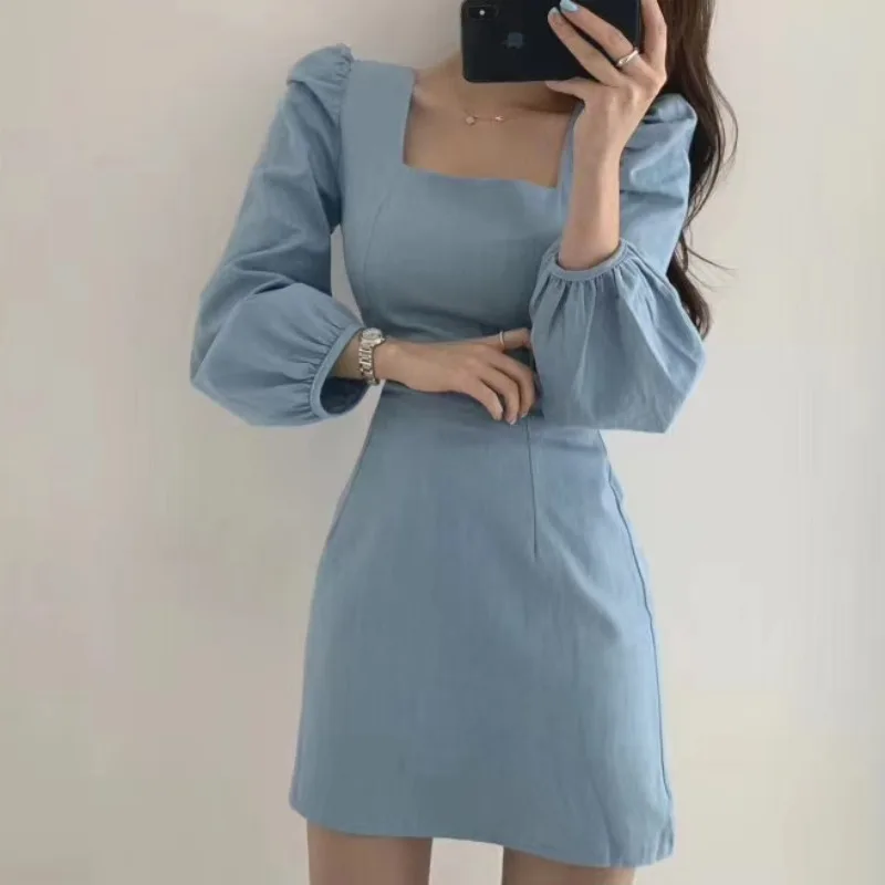 

Korean Chic Spring and Autumn Solid Color Simple Square Collar Slimming High Waist Temperament Puff Sleeve Dress