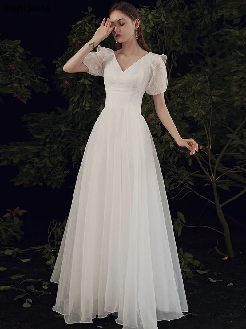 

KAUNISSINA Beach Wedding Dresses V Neck Short Sleeves White Simple Bridal Gowns Boho A Line Princess Bride Gown Custom Size