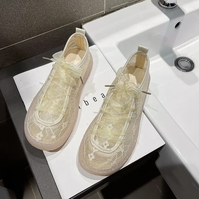 

Casual Shoes Women's 2021 Spring Summer New Solid Color Lace Mesh Flat-bottom Lace-up Shoes Sapatos Femininos Zapatillas Mujer