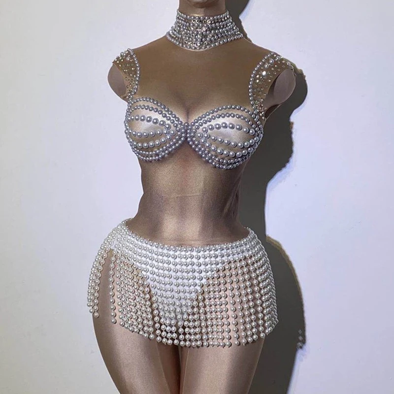 

Женский комбидресс с бахромой, белый комбидресс из спандекса с жемчужинами и высоким воротником, Одежда для танцев, певиц, шоу, баров, выпуск...