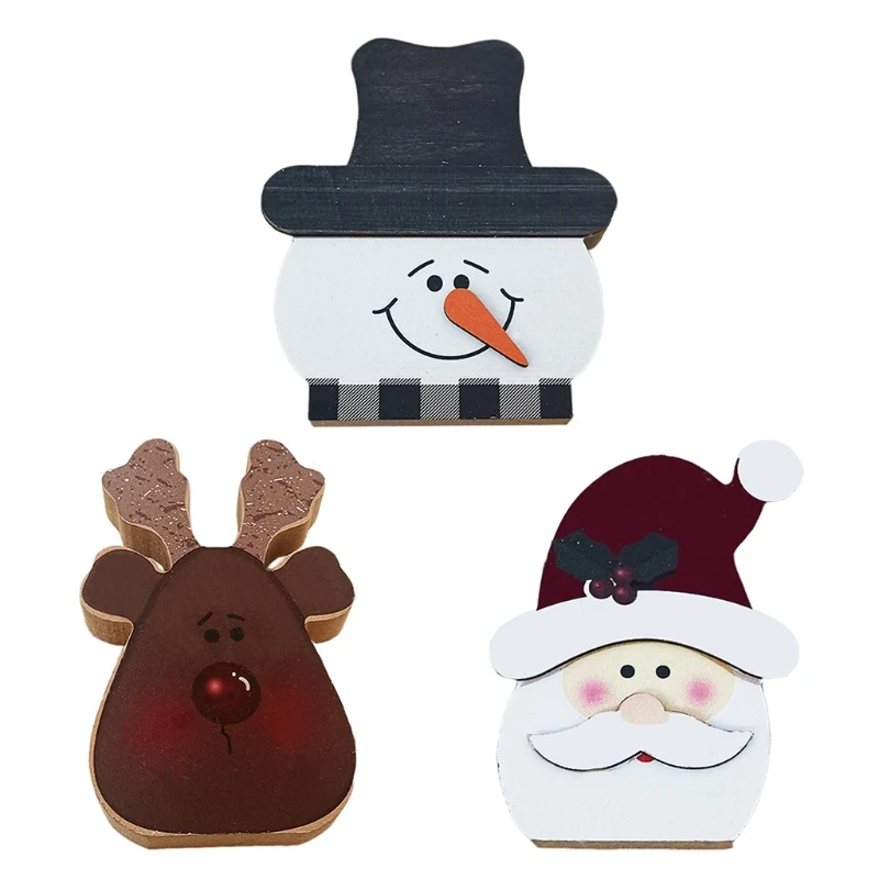 

H051 Christmas Wooden Ornaments Set of 3 Santa Snowman Elk Wood Ornament for Home Dormitory Tabletop Decoration Gift