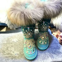2020 winter new real fox fur genuine leather wool lining high boots female crystal gemstone beaded furry cowhide snow boots