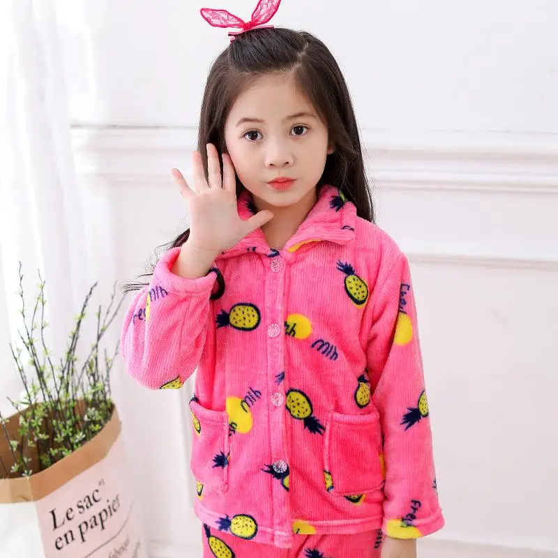 Детские пижамы, одежда для сна на зиму, теплые, фланелевые пижамы с рисунками из мультфильмов для девочек розового цвета с Костюмы из кораллового флиса, детская одежда для сна, комплект - Цвет: Hot Pink C