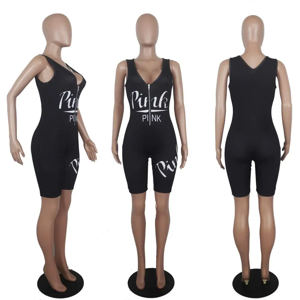 

2020 Pink Summer Women Playsuits Jumpsuits V-Neck Letter Print Street Rompers Sexy Night Club Party Bandage One Piece Outfits