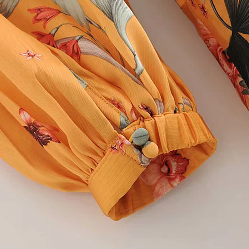 Женское модное платье миди с цветочным узором длинным рукавом украшенное