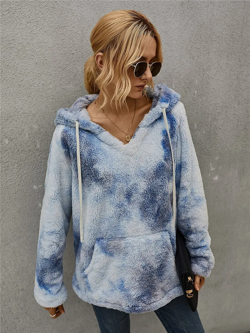 

ISAROSE Women Fluffy Hoodie Soft Coral Fleece Sweatshirt Winter Outwear with Pocket Pullover Lady Tie-dye Tie Dye Hooded Tops