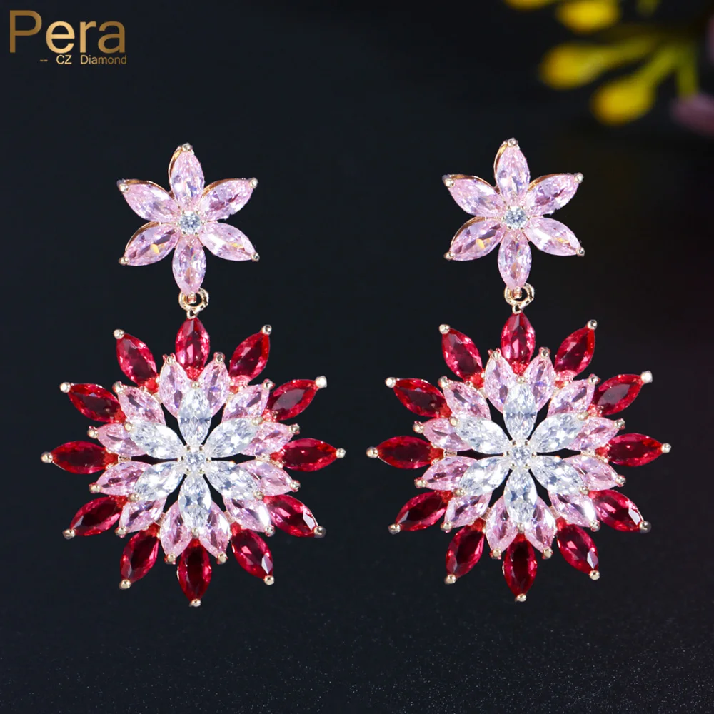 

Pera Trendy Marquise Cut Pink Red Cubic Zirconia Setting Big Long Flower Drop Dangle Earrings for Women Fashion Ear Jewelry E452