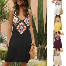 Robe de plage tricotée à la mode, ajourée, Patchwork, col en V, Cover up de plage, robe de plage pour femmes  (4)