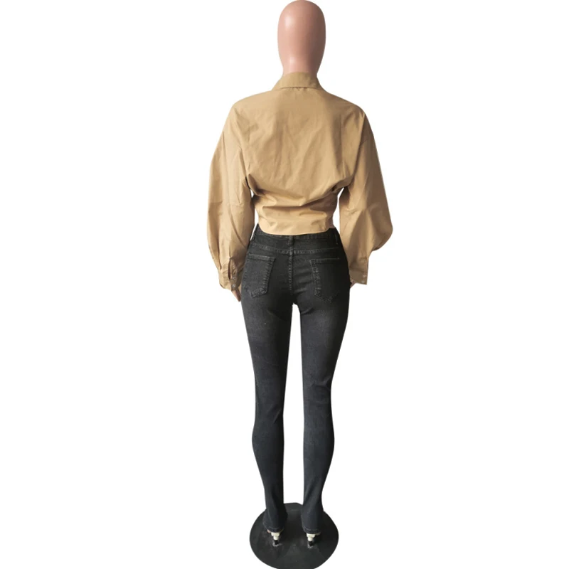 

Women Long Lantern Sleeve Button Shirt Office Lady Elegant Solid Elegant Chic Tunic Cropped Blouse Shirts Tops