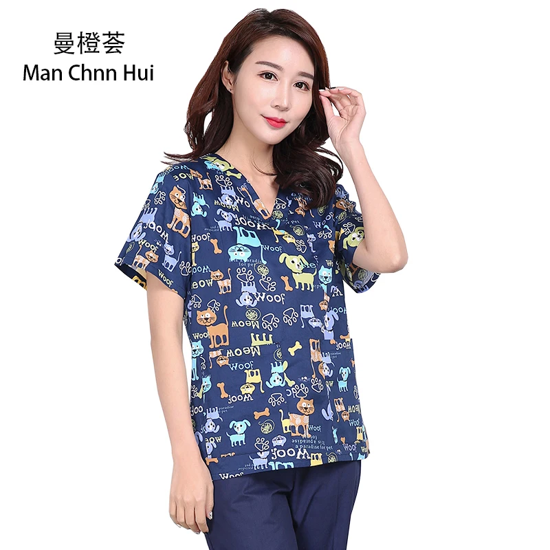 Ветеринарная униформа топы для женщин топ врачей скрабы синие цветы принт собаки