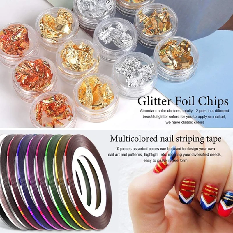 

47PCS Nail Art Set Nail Brushes Double-ended Dotting Pens Foil Chips Manicure Tapes Nail Rhinestone DIY Painting Drawing Tool