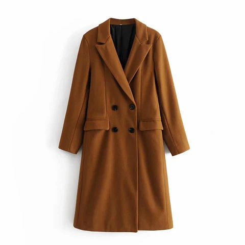 Klacwaya 2021 женское Модное темно-коричневое шерстяное пальто винтажное двубортное женское осеннее длинное пальто с длинным рукавом
