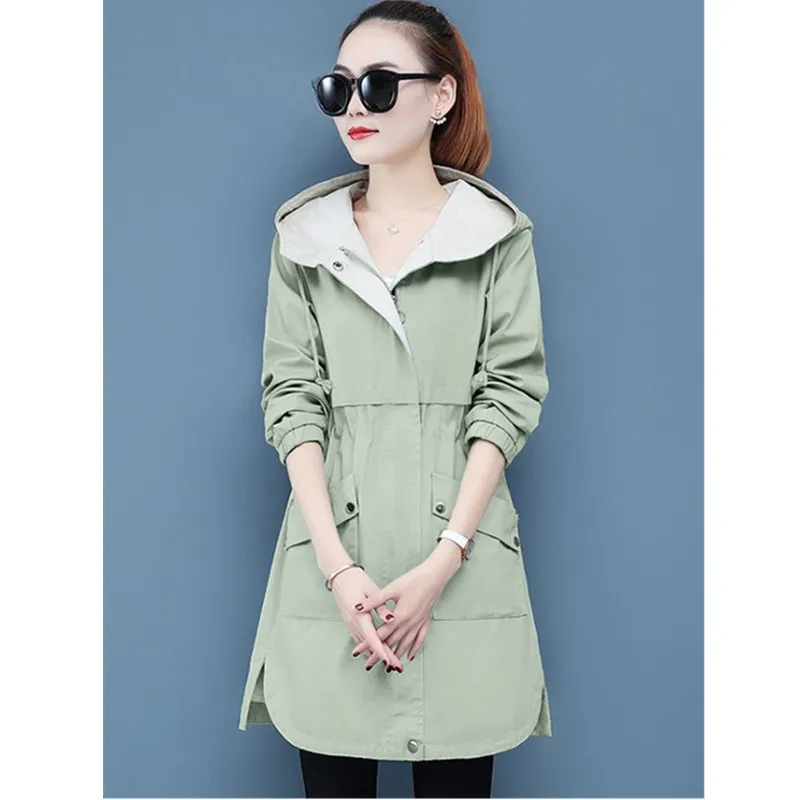

Fashion Women Hooded Trench Coat Spring Autumn Elegant Slim Long Outerwear Casual Female Windbreaker Student Coats Adjustable