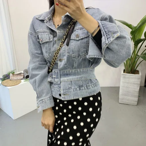 

SuperAen/Модная синяя джинсовая куртка с отложным воротником и поясом