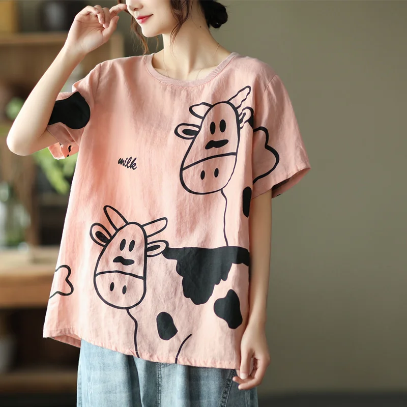 

Summer New Art Cartoon Short Sleeve Women's Round Neck Loose Ramie Pullover T-shirt Ladies Soft Casual Tees And Tops Female