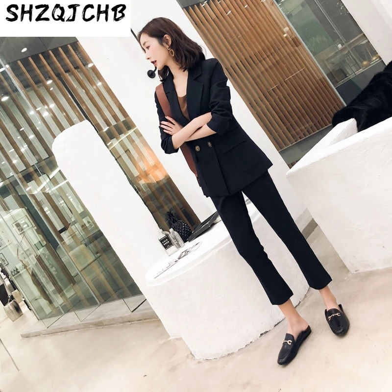 

JCHB 2021 New Blazers Pants Suit black Simple 2 two Piece Set Long Slim Jacket + Pants slim blazers ladies office outfit LX2147